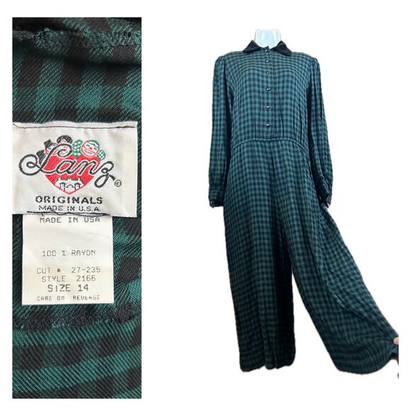 Vintage Lanz Green & Black Gingham Check Romper Jumpsuit / Size 14 * - Picture 1 of 4